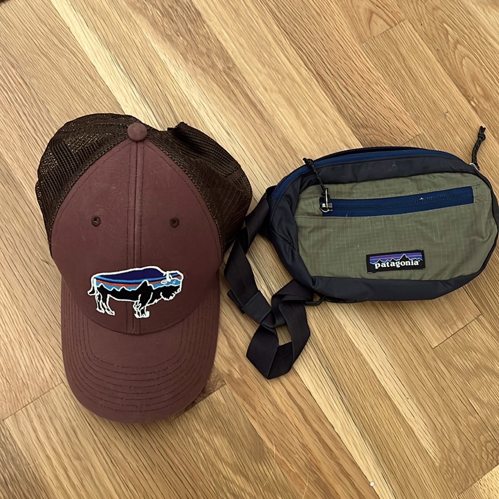 Patagonia hat and Fanny pack